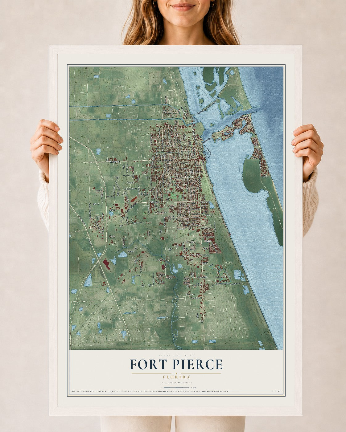 Fort Pierce, Florida map print, 24" x 36" W/ White Ayous Wood Frame mockup