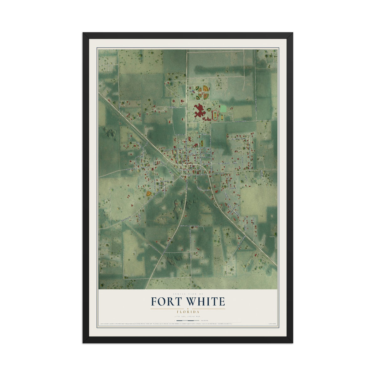 Fort White, Florida map print, 12" x 18" W/ Black Ayous Wood Frame mockup