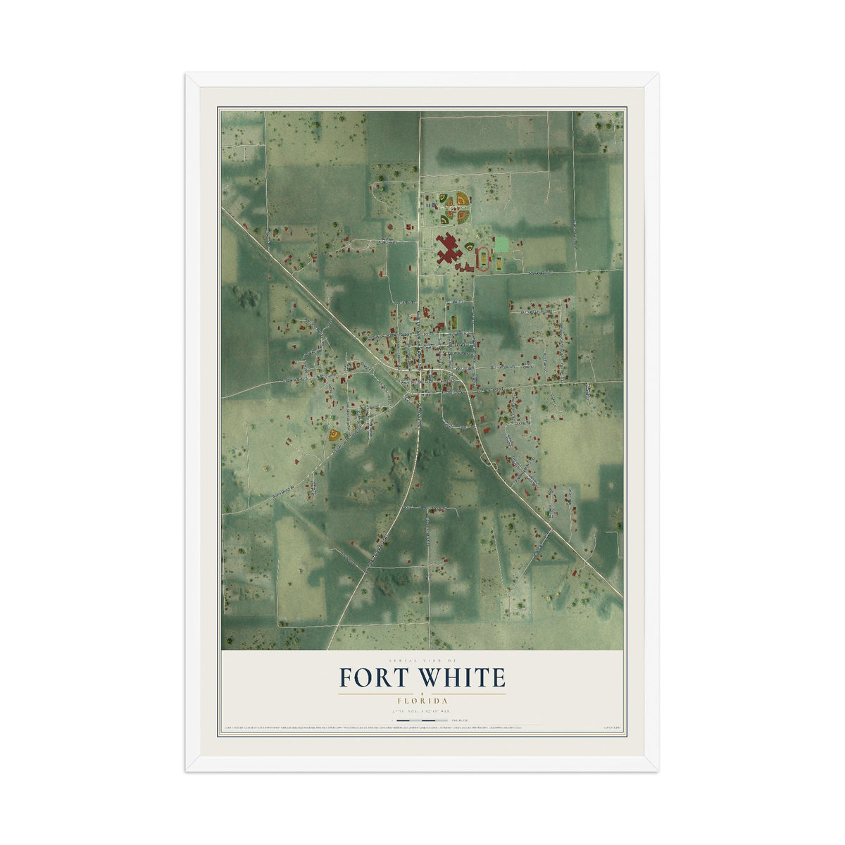 Fort White, Florida map print, 12" x 18" W/ White Ayous Wood Frame mockup