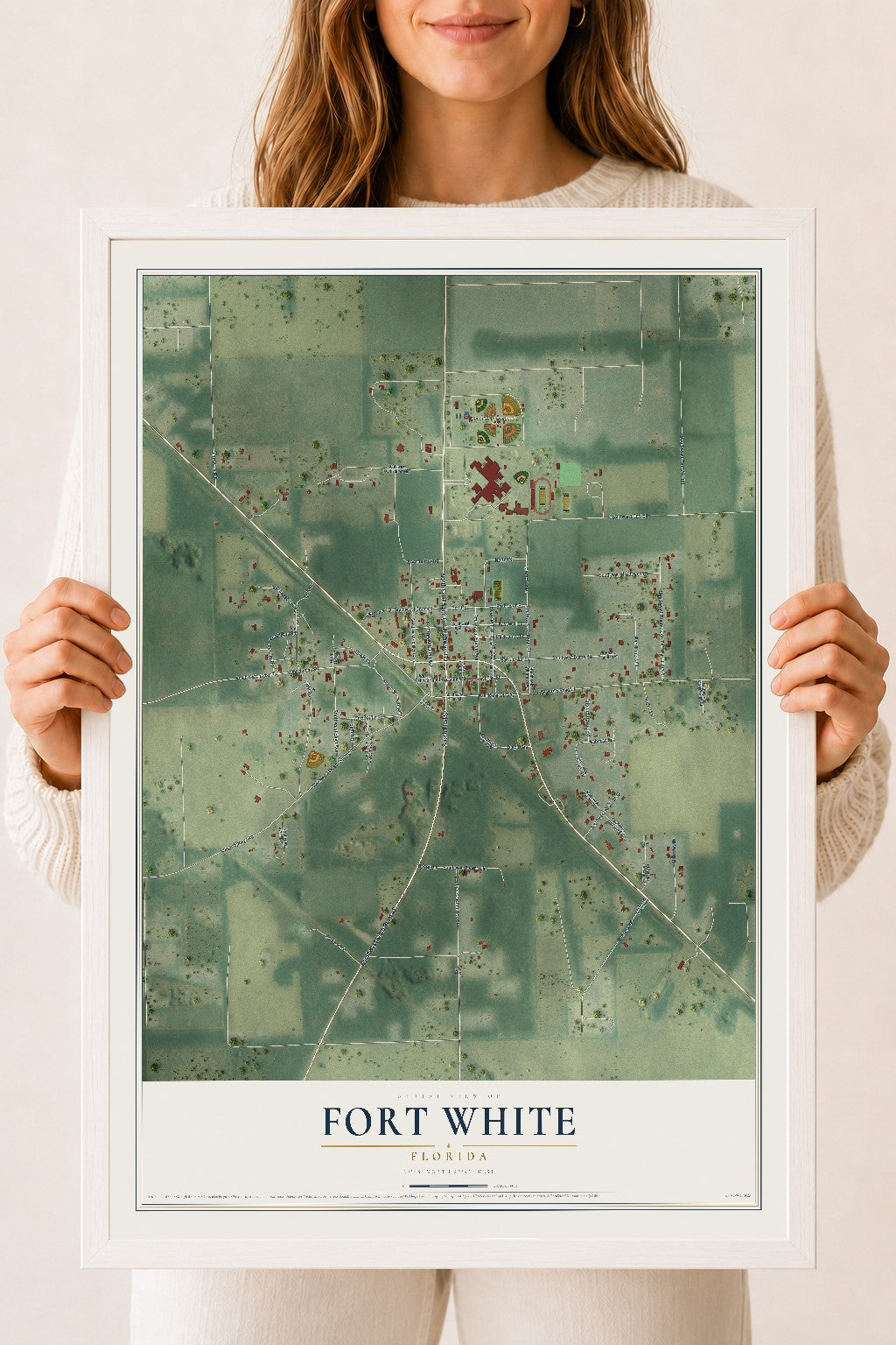 Fort White, Florida map print, 18" x 24" W/ White Ayous Wood Frame mockup
