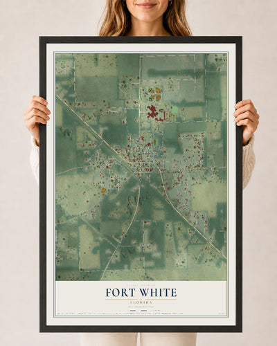 Fort White, Florida map print, 24" x 36" W/ Black Ayous Wood Frame mockup