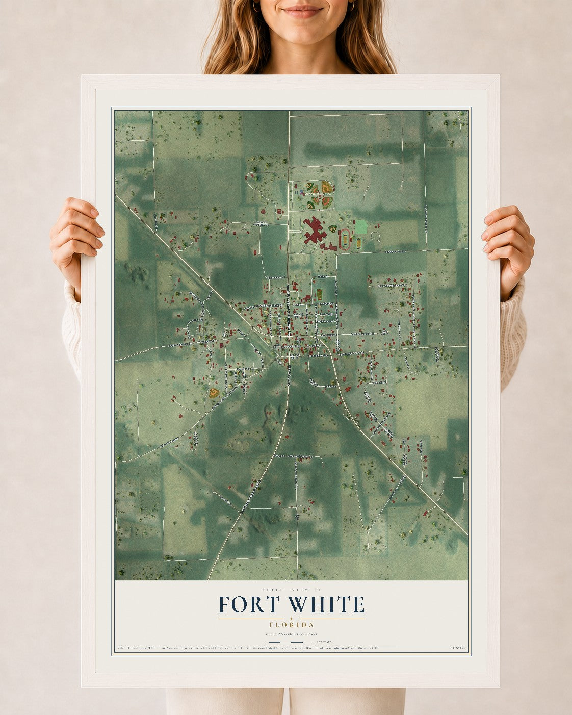 Fort White, Florida map print, 24" x 36" W/ White Ayous Wood Frame mockup
