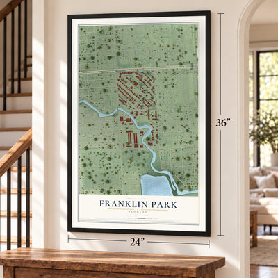 Franklin Park, Florida map, 24 x 36 inch print in a black frame by a staircase
