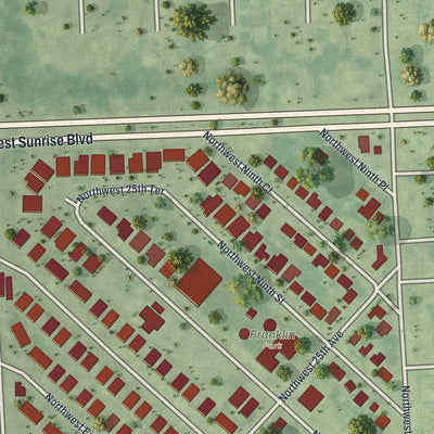 Close-up of the map of Franklin Park, Florida print showing street and building detail