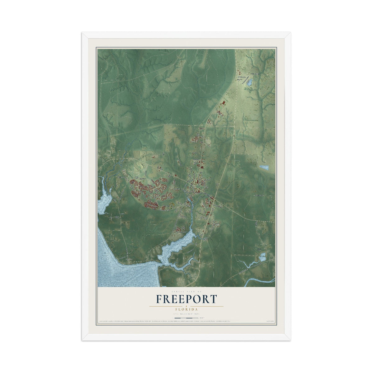 Freeport, Florida map print, 12" x 18" W/ White Ayous Wood Frame mockup