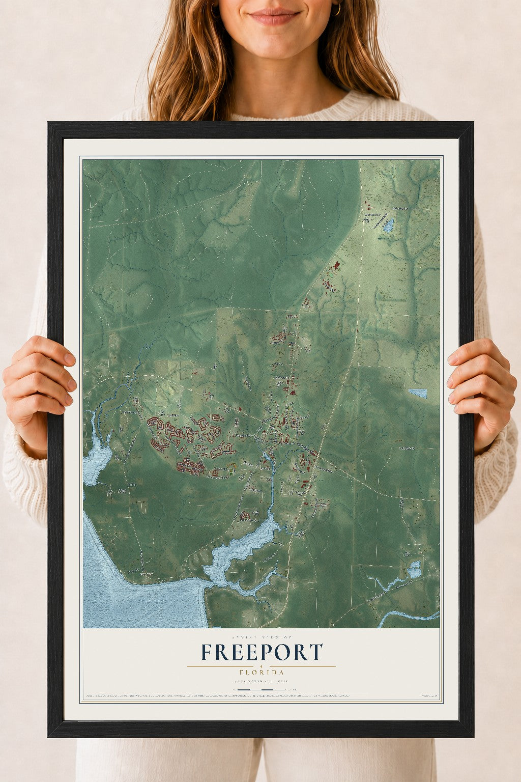 Freeport, Florida map print, 18" x 24" W/ Black Ayous Wood Frame mockup