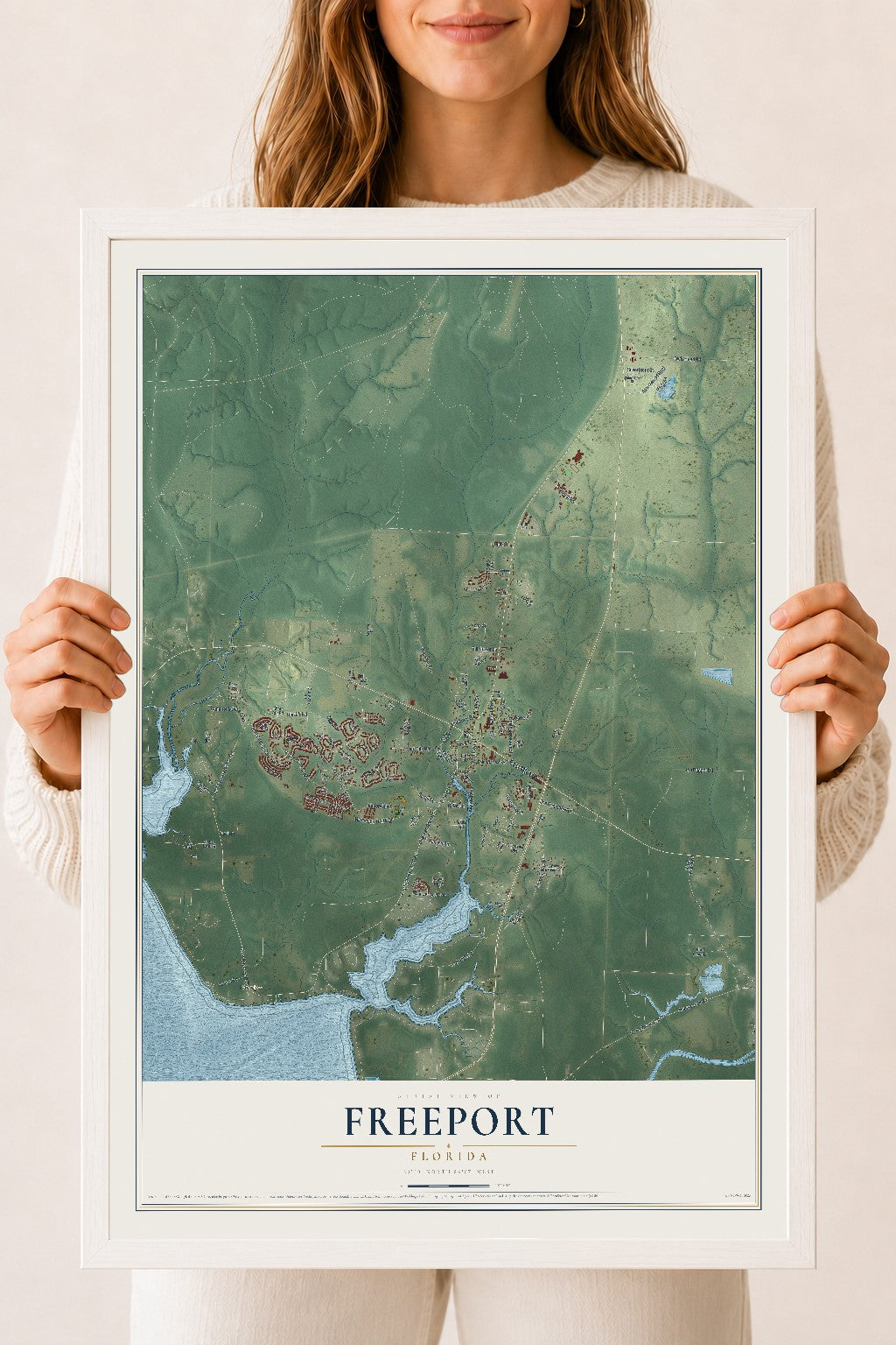 Freeport, Florida map print, 18" x 24" W/ White Ayous Wood Frame mockup