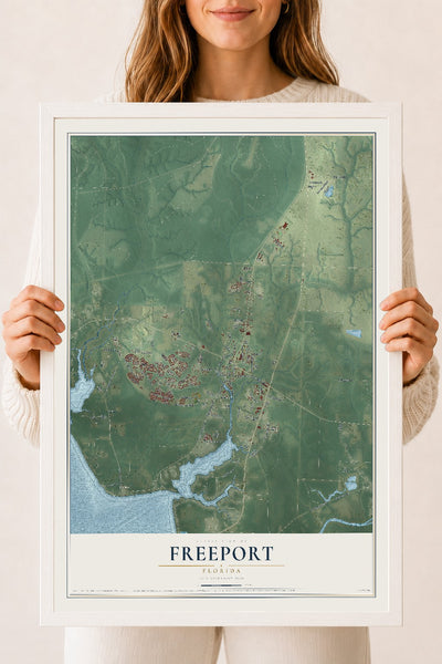 Freeport, Florida map print, 18" x 24" W/ White Ayous Wood Frame mockup