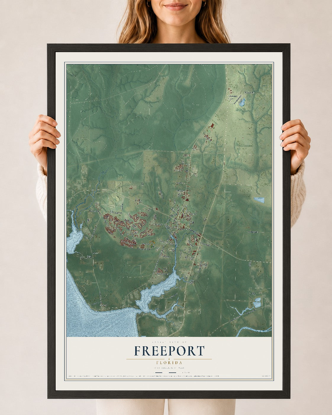 Freeport, Florida map print, 24" x 36" W/ Black Ayous Wood Frame mockup
