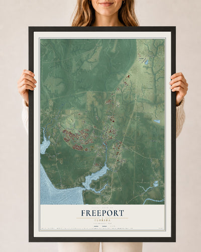Freeport, Florida map print, 24" x 36" W/ Black Ayous Wood Frame mockup