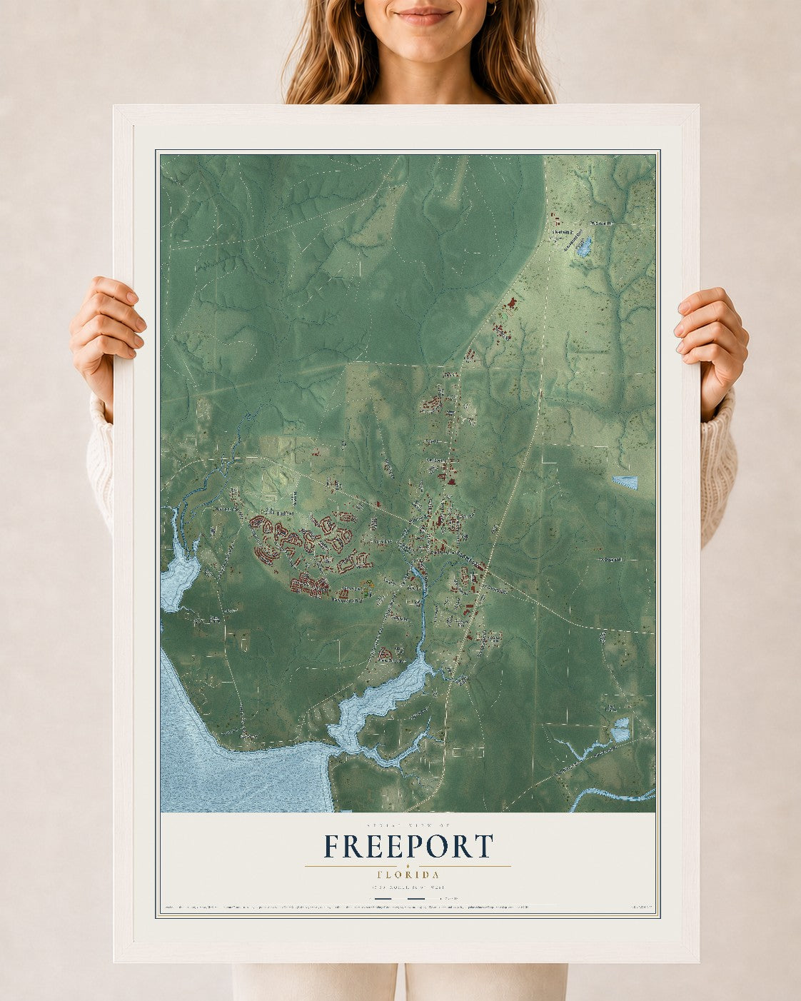 Freeport, Florida map print, 24" x 36" W/ White Ayous Wood Frame mockup