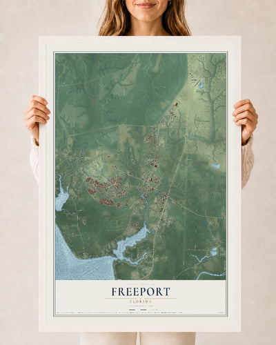 Freeport, Florida map print, 24" x 36" W/ White Ayous Wood Frame mockup