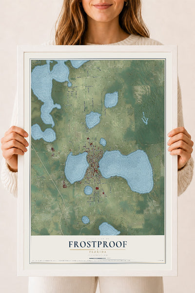 Frostproof, Florida map print, 18" x 24" W/ White Ayous Wood Frame mockup