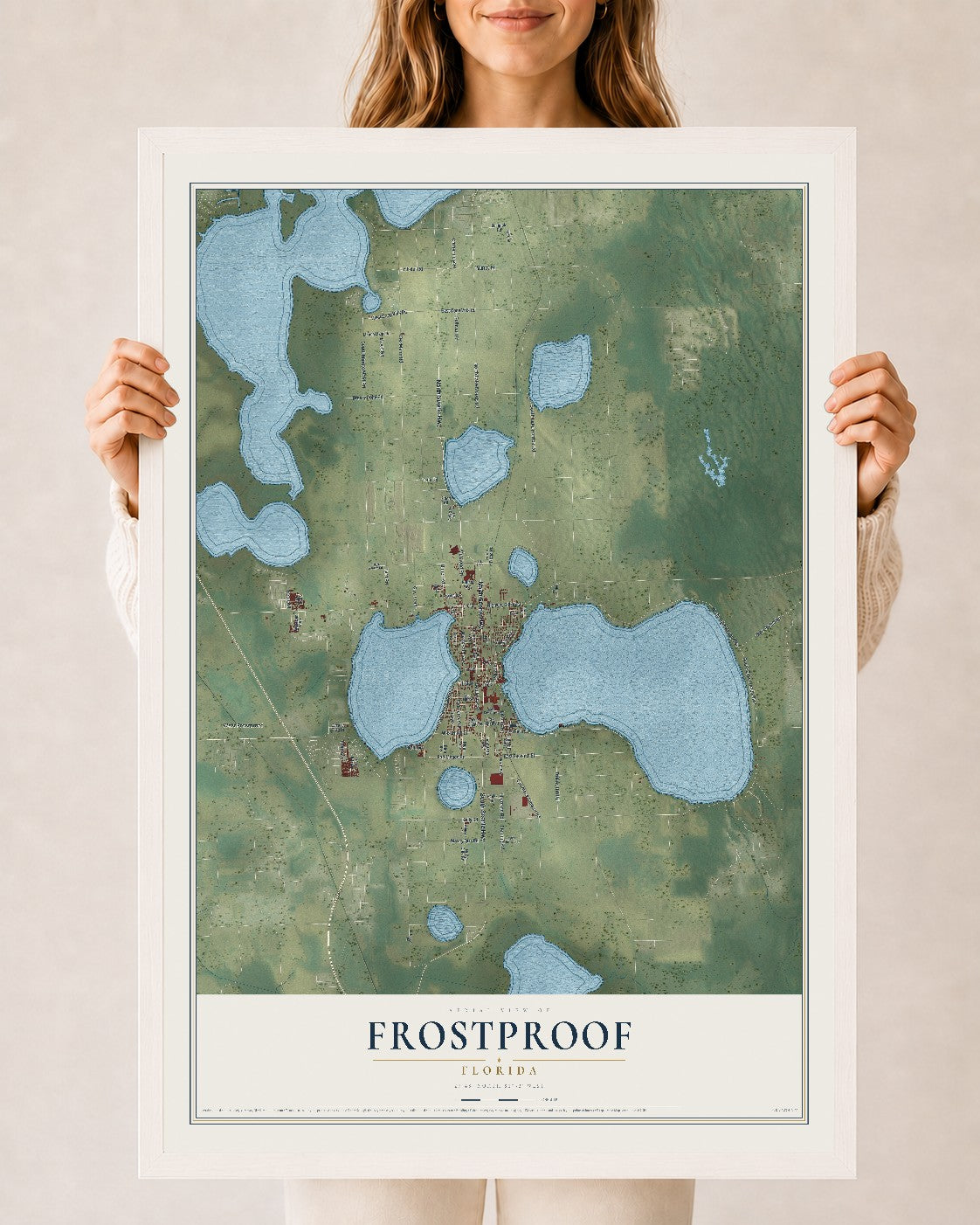 Frostproof, Florida map print, 24" x 36" W/ White Ayous Wood Frame mockup