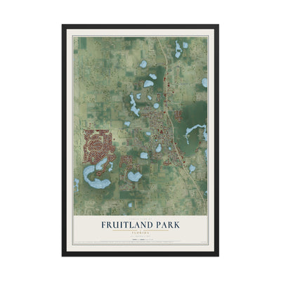 Fruitland Park, Florida map print, 12" x 18" W/ Black Ayous Wood Frame mockup