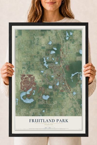 Fruitland Park, Florida map print, 18" x 24" W/ Black Ayous Wood Frame mockup