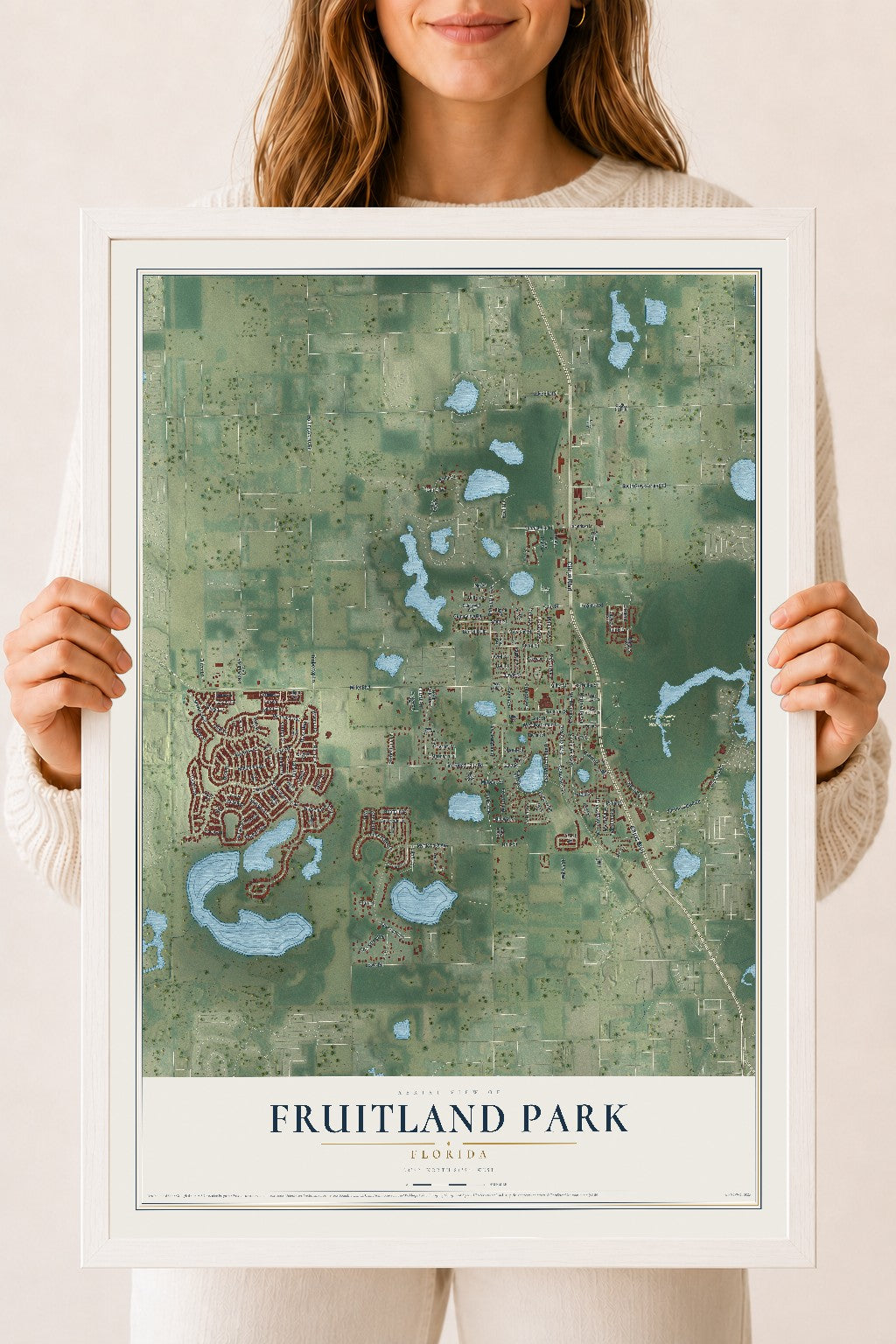 Fruitland Park, Florida map print, 18" x 24" W/ White Ayous Wood Frame mockup
