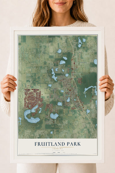 Fruitland Park, Florida map print, 18" x 24" W/ White Ayous Wood Frame mockup