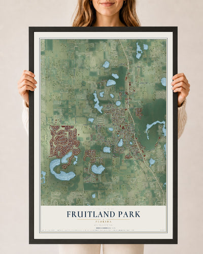 Fruitland Park, Florida map print, 24" x 36" W/ Black Ayous Wood Frame mockup
