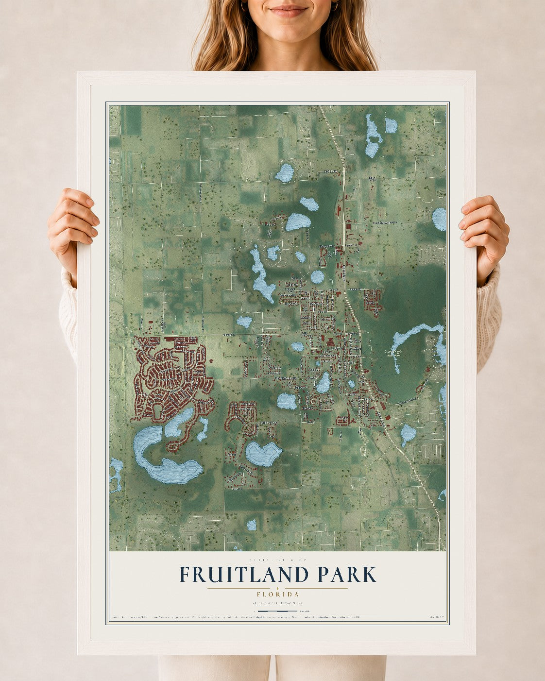 Fruitland Park, Florida map print, 24" x 36" W/ White Ayous Wood Frame mockup