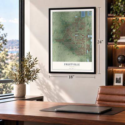 Fruitville, Florida map, 18 x 24 inch print in a black frame in a home office