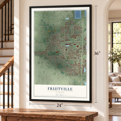 Fruitville, Florida map, 24 x 36 inch print in a black frame by a staircase