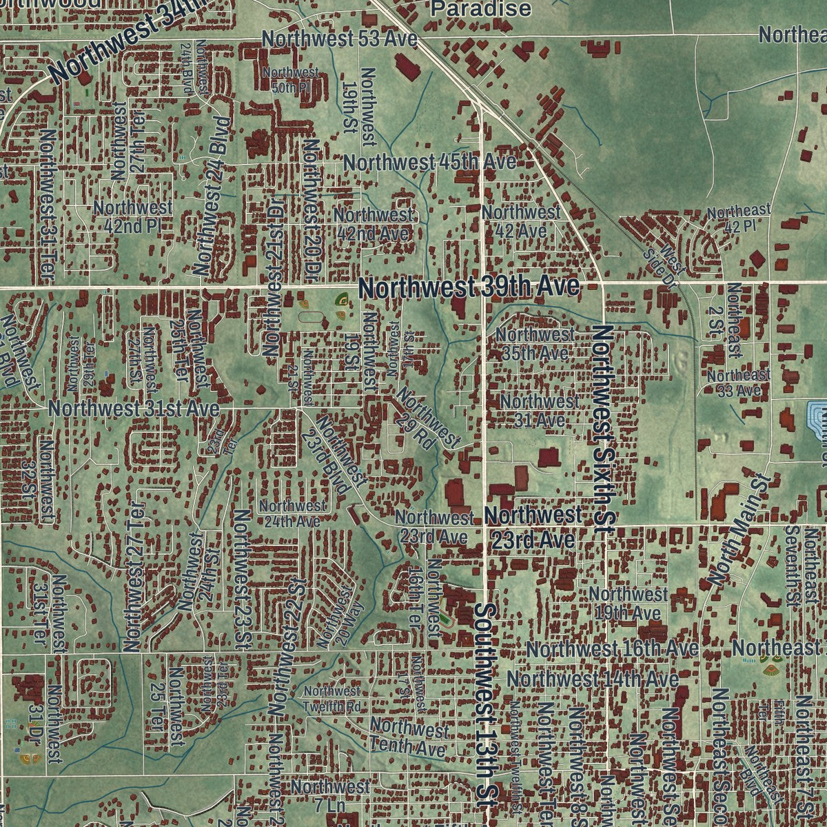 Close-up 1 of the Gainesville, Florida map artwork