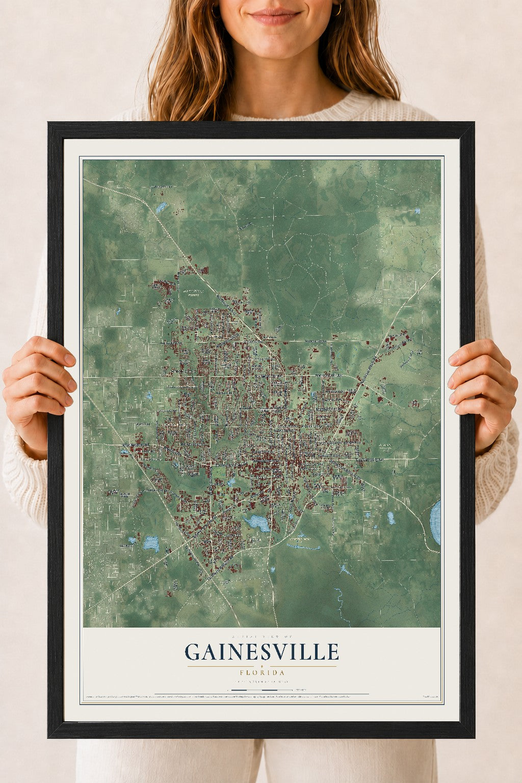 Gainesville, Florida map print, 18" x 24" W/ Black Ayous Wood Frame mockup