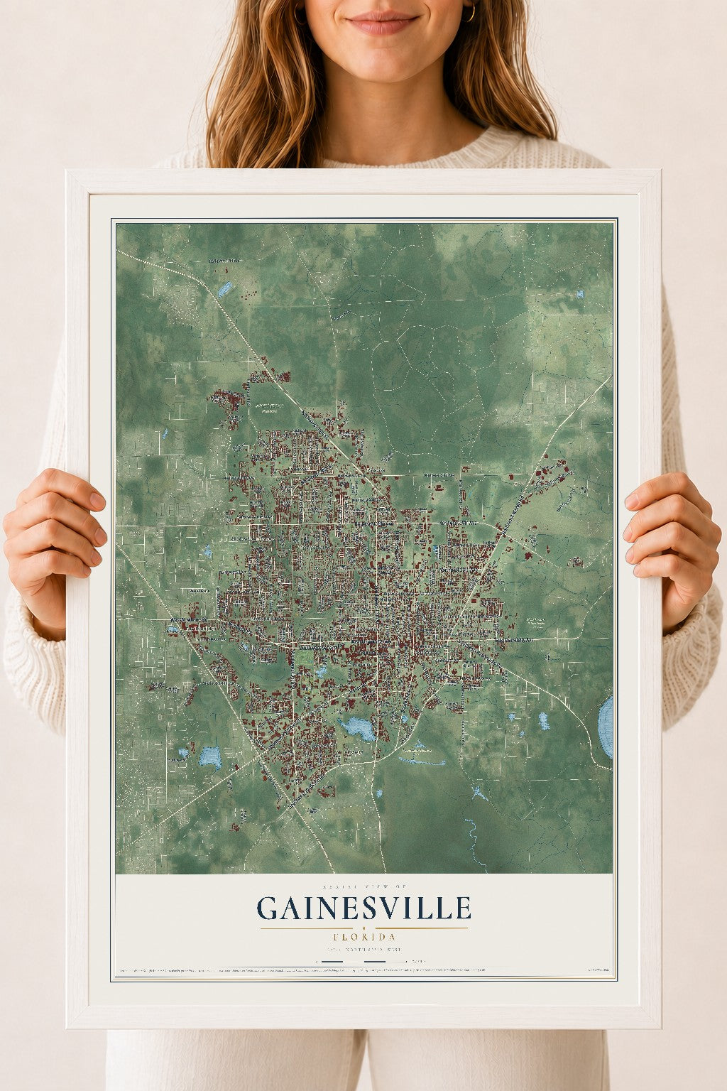 Gainesville, Florida map print, 18" x 24" W/ White Ayous Wood Frame mockup