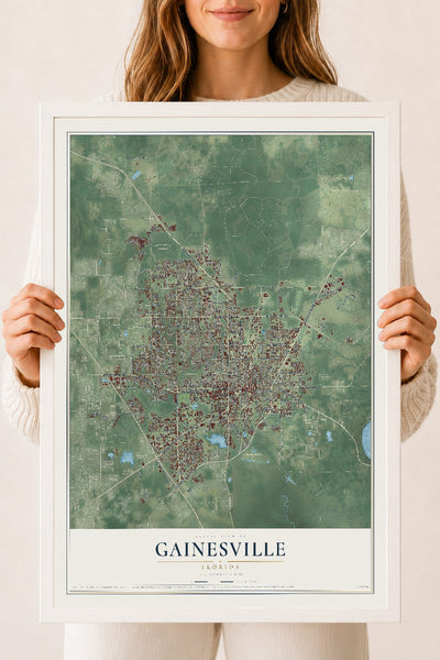 Gainesville, Florida map print, 18" x 24" W/ White Ayous Wood Frame mockup
