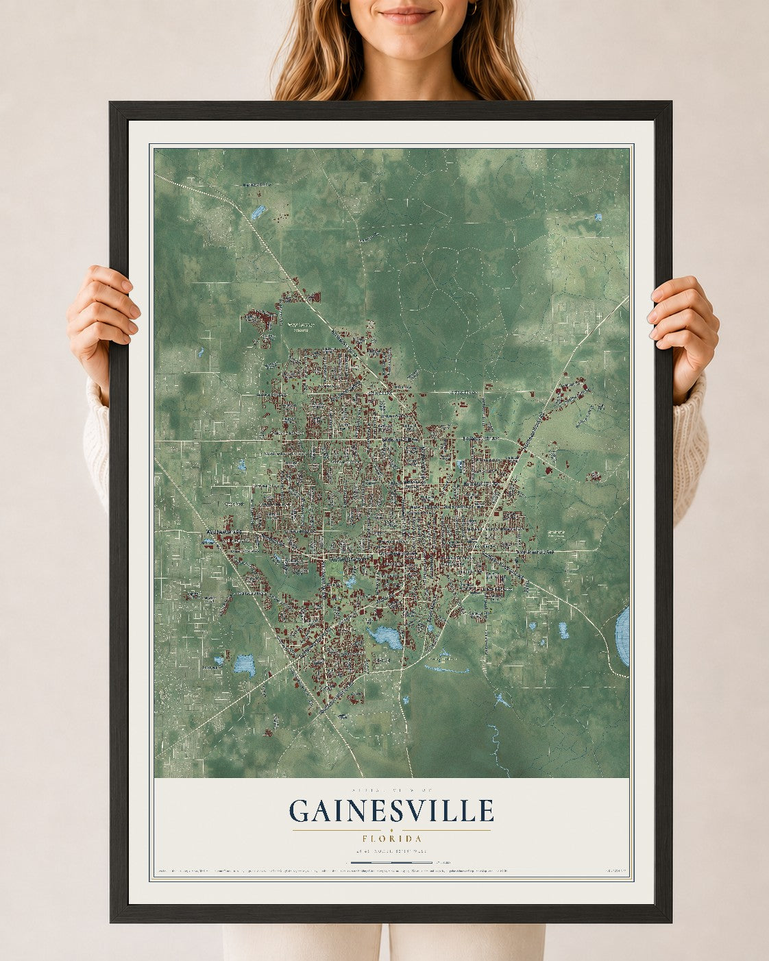 Gainesville, Florida map print, 24" x 36" W/ Black Ayous Wood Frame mockup