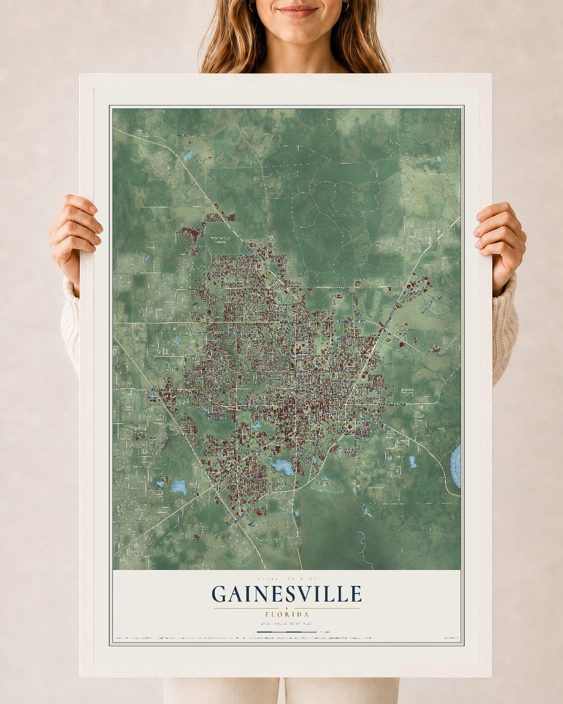 Gainesville, Florida map print, 24" x 36" W/ White Ayous Wood Frame mockup