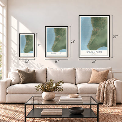 Garcon Point, Florida map in 12 x 18, 18 x 24 and 24 x 36 inch sizes above a sofa