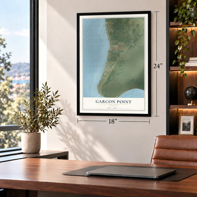Garcon Point, Florida map, 18 x 24 inch print in a black frame in a home office
