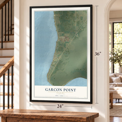 Garcon Point, Florida map, 24 x 36 inch print in a black frame by a staircase