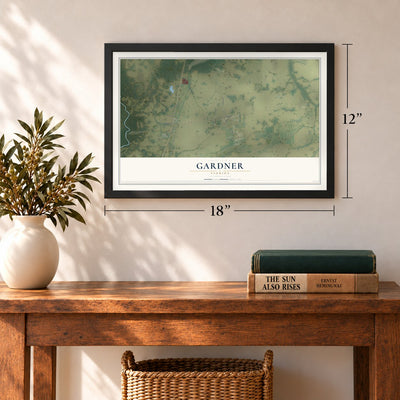 Gardner, Florida map, 12 x 18 inch print in a black frame in an entryway