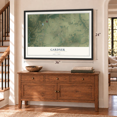 Gardner, Florida map, 24 x 36 inch print in a black frame above a dresser by a staircase