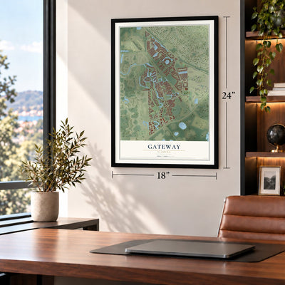 Gateway, Florida map, 18 x 24 inch print in a black frame in a home office