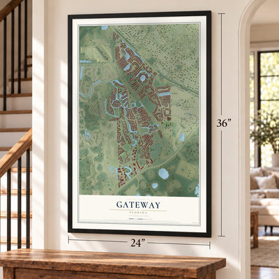 Gateway, Florida map, 24 x 36 inch print in a black frame by a staircase