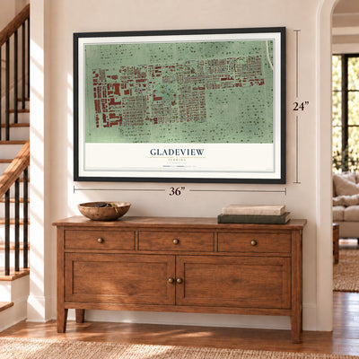 Gladeview, Florida map, 24 x 36 inch print in a black frame above a dresser by a staircase