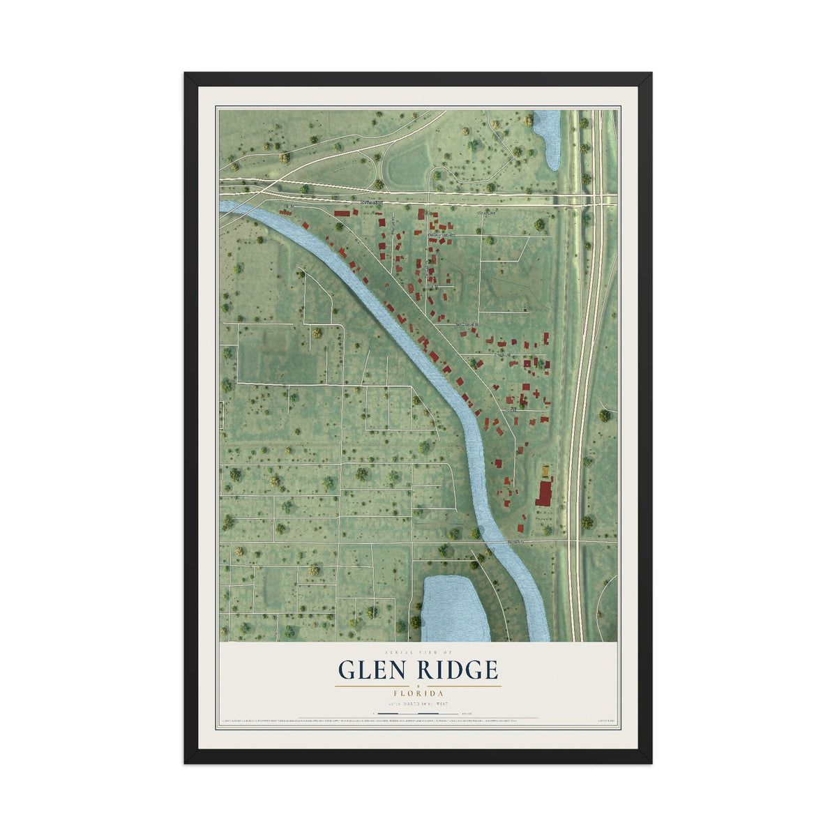 Glen Ridge, Florida map print, 12" x 18" W/ Black Ayous Wood Frame mockup