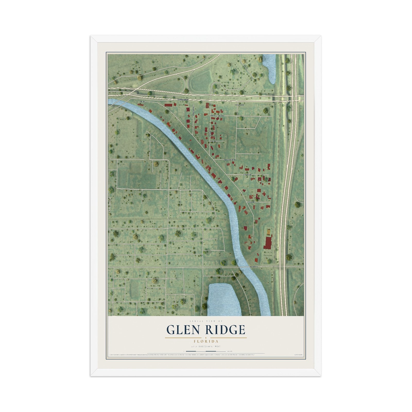 Glen Ridge, Florida map print, 12" x 18" W/ White Ayous Wood Frame mockup