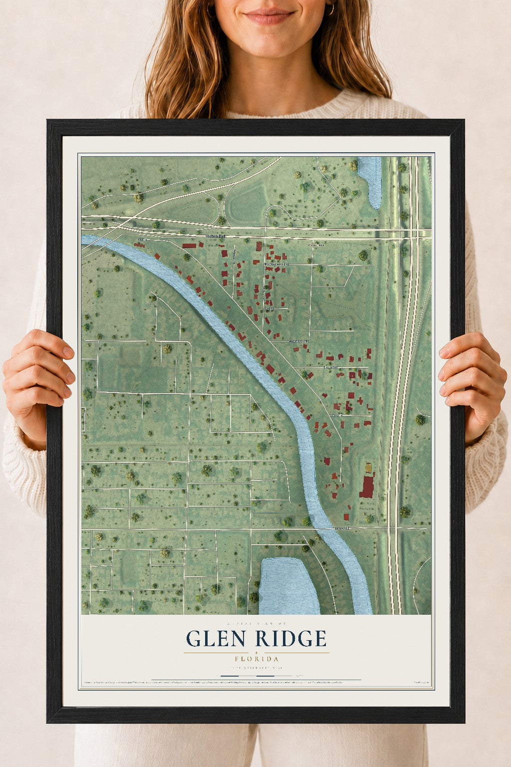 Glen Ridge, Florida map print, 18" x 24" W/ Black Ayous Wood Frame mockup