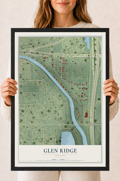 Glen Ridge, Florida map print, 18" x 24" W/ Black Ayous Wood Frame mockup