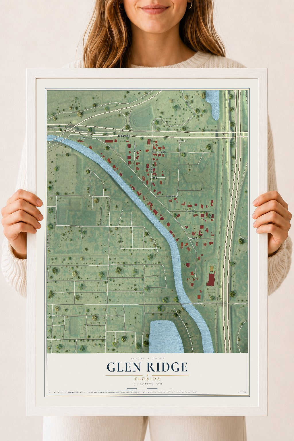 Glen Ridge, Florida map print, 18" x 24" W/ White Ayous Wood Frame mockup