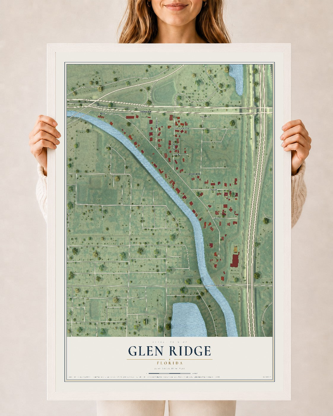Glen Ridge, Florida map print, 24" x 36" W/ White Ayous Wood Frame mockup