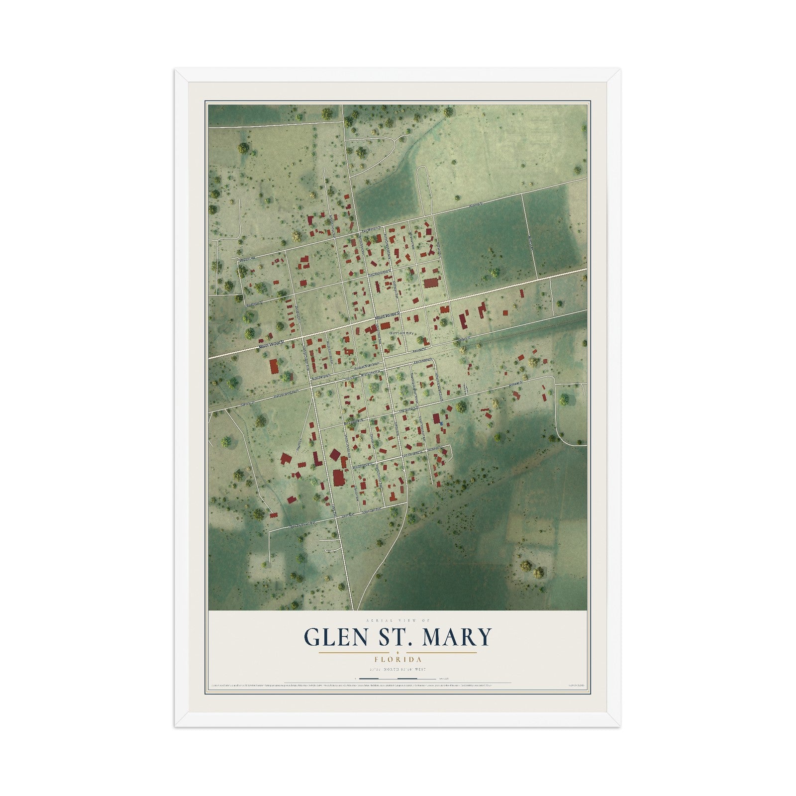 Glen St. Mary, Florida map print, 12" x 18" W/ White Ayous Wood Frame mockup