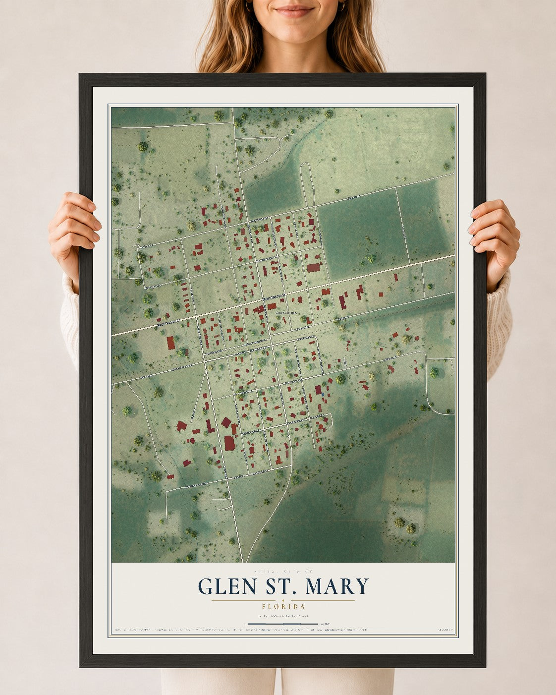 Glen St. Mary, Florida map print, 24" x 36" W/ Black Ayous Wood Frame mockup
