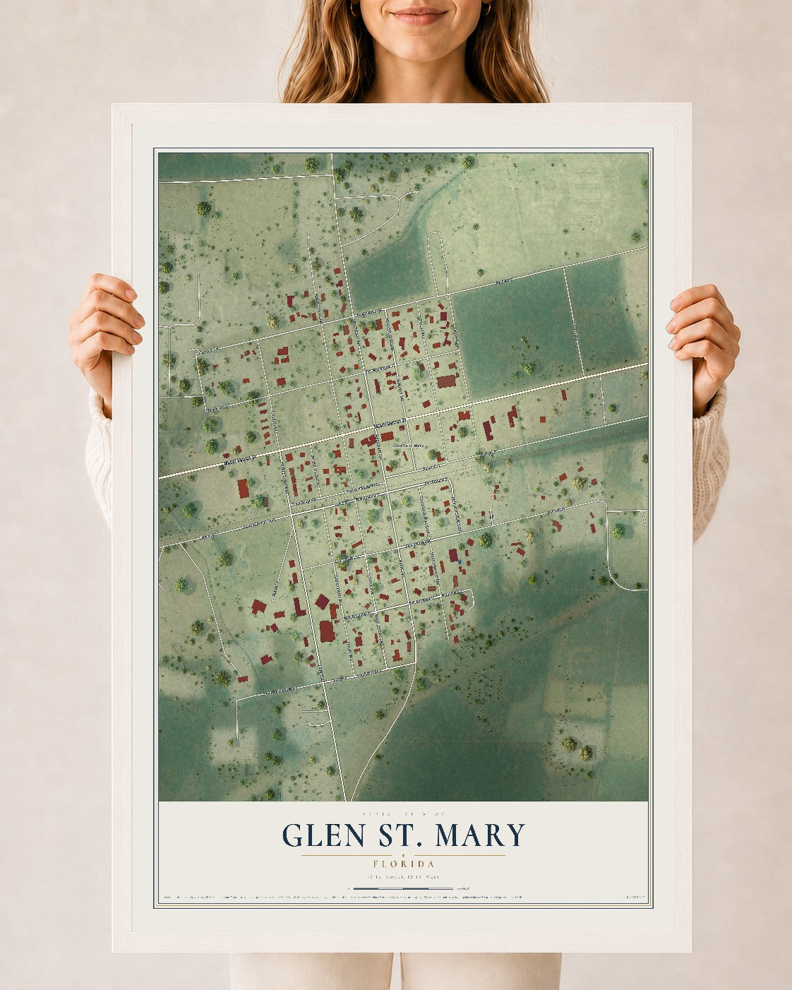 Glen St. Mary, Florida map print, 24" x 36" W/ White Ayous Wood Frame mockup