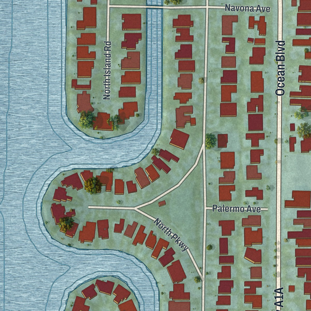 Close-up 2 of the Golden Beach, Florida map artwork